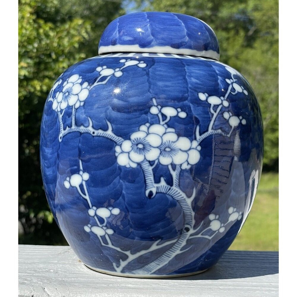 Antique Chinese 19th - 20th C. Porcelain Blue Prunus Hawthorn Ginger Jar
